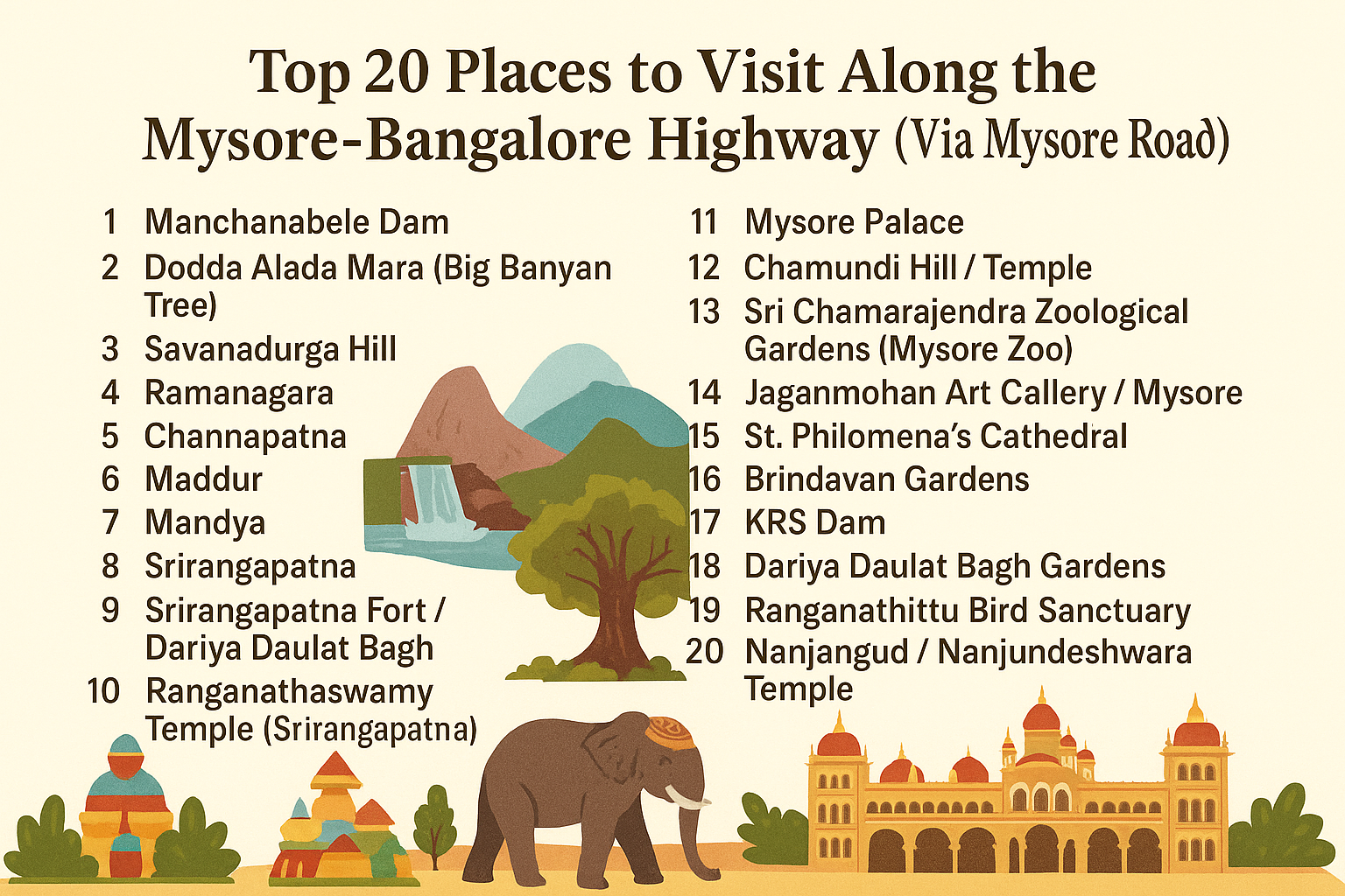Top 20 Places to Visit Along the Mysore Bangalore Highway (Via Mysore Road)